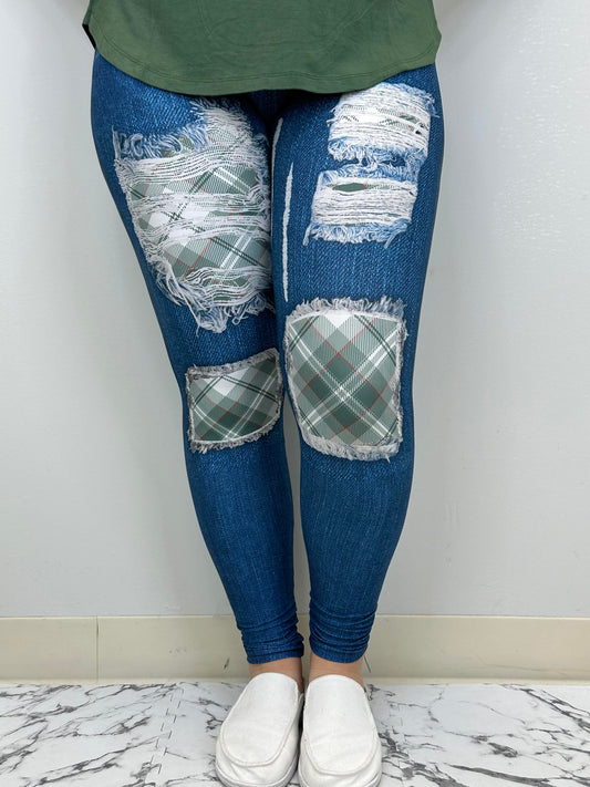 Green Plaid Leggings w/ Butt Pockets